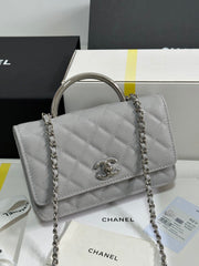 FLAP BAG WITH SILVER-TONE HANDLE 19 IN GREY SHINY CAVIAR SKIN