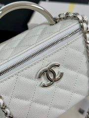 MINI VANITY TOP HANDLE CASE 17 IN WHITE CAVIAR SKIN SILVER-TONE PLATED METAL