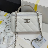 MINI VANITY TOP HANDLE CASE 17 IN WHITE CAVIAR SKIN SILVER-TONE PLATED METAL