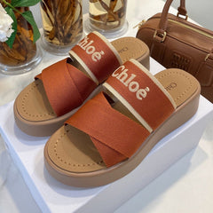 WOODY WEDGE SANDALS IN BRONZE BROWN CANVAS WITH CIDER BROWN RUBBER SOLE