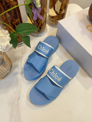 WOODY WEDGE SANDALS IN CERULEAN BLUE CANVAS WITH RUBBER SOLE