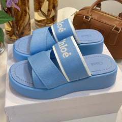 WOODY WEDGE SANDALS IN CERULEAN BLUE CANVAS WITH RUBBER SOLE