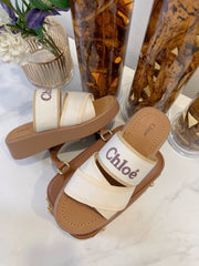 WOODY WEDGE SANDALS IN WHITE CANVAS WITH CIDER BROWN RUBBER SOLE