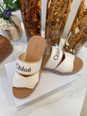 WOODY WEDGE SANDALS IN WHITE CANVAS WITH CIDER BROWN RUBBER SOLE