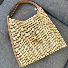 OXALIS 40 IN RAFFIA CROCHET AND LEATHER VINTAGE BROWN