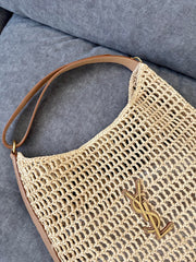 OXALIS 40 IN RAFFIA CROCHET AND LEATHER VINTAGE BROWN