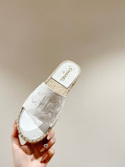 FLAT SLIPPERS IN WHITE LAMBSKIN MIX BEIGE WOVEN
