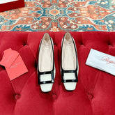 TROMPETTE BALLERINAS IN WHITE SHINY CALFSKIN BLACK SQUARE BUCKLE