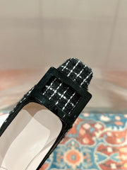 TROMPETTE BALLERINAS IN BLACK TWEED WITH WHITE STRIPES