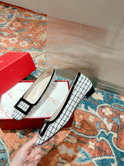 TROMPETTE BALLERINAS IN WHITE TWEED WITH BLACK STRIPES