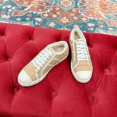 GG CANVAS SNEAKER IN CAMEL BROWN DENIM WITH BEIGE FLEECE LINING