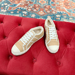 GG CANVAS SNEAKER IN CAMEL BROWN DENIM WITH BEIGE FLEECE LINING