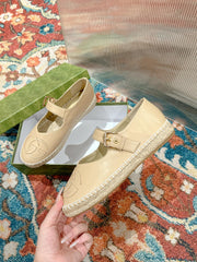 GG CROSS STRAP FLAT SHOES IN BEIGE CALFSKIN WITH STRAW SOLE