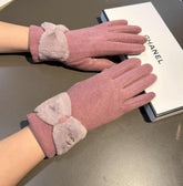 GLOVES IN CREPE PINK WOOL WITH RABBIT FUR 456296