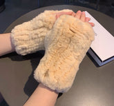 FINGERLESS HALF GLOVES IN BEIGE CREAM RABBIT FUR 462277