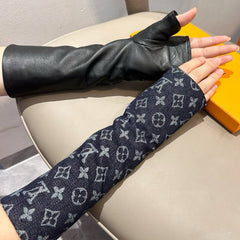 FINGERLESS LONG GLOVES IN BLACK MONOGRAM DENIM AND LAMBSKIN