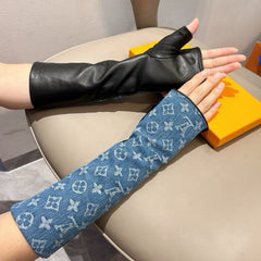 FINGERLESS LONG GLOVES IN AZURE BLUE MONOGRAM DENIM AND BLACK LAMBSKIN