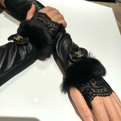 FINGERLESS LONG GLOVES IN BLACK LAMBSKIN WITH RABBIT FUR 465798