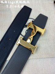 HM H BELT BUCKLE & REVERSIBLE BLACK LEATHER STRAP 38MM GOLD HARDWARE