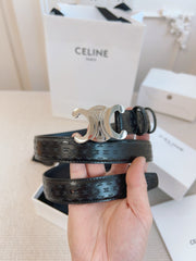 CELINE 25S BELT TRIOMPHE 25MM IN BLACK CALFSKIN DEBOSSED LOGO 563329