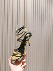 YSL 25S STRAPPY HIGH-HEEL SANDALS 100 MM IN OLIVE GREEN LAMBSKIN
