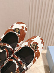 PRADA 25S CRYSTAL EMBELLISHED BALLERINA IN WHITE AND DARK BROWN FUR