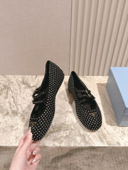 PRADA 25S CRYSTAL EMBELLISHED BALLERINA IN BLACK SUEDE