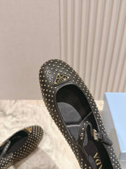 PRADA 25S STUD EMBELLISHED BALLERINA IN BLACK CALFSKIN