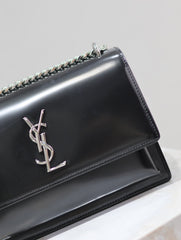 YSL 25S SUNSET MEDIUM 22 IN BLACK SHINY CALFSKIN SILVER HARDWRE