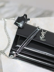 YSL 25S SUNSET MEDIUM 22 IN BLACK SHINY CALFSKIN SILVER HARDWARE