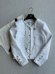 Chanel 25P Cardigan White Tweed With Pearl 234889