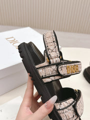 DIOR BACK-STRAP SANDALS 25S IN SOFT ROSE BEIGE TWEED AND BLACK CALFSKIN