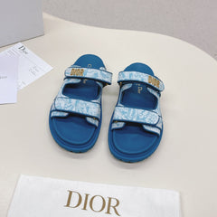 DIOR CLASSIC DOUBLE-STRAP SLIDES 25S IN OCEAN BLUE FABRIC AND CALFSKIN