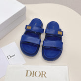 DIOR CLASSIC DOUBLE-STRAP SLIDES 25S IN NAVY BLUE CALFSKIN