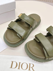 DIOR CLASSIC DOUBLE-STRAP SLIDES 25S IN MOSS GREEN CALFSKIN