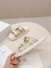 DIOR CLASSIC DOUBLE-STRAP SLIDES 25S IN WHITE MIX BEIGE FABRIC AND CALFSKIN