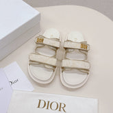 DIOR CLASSIC DOUBLE-STRAP SLIDES 25S IN WHITE MIX BEIGE FABRIC AND CALFSKIN