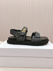 DIOR BACK-STRAP SANDALS 25S IN SLATE BLUE GRAY FABRIC AND BLACK CALFSKIN WITH GOLD HARDWARE