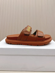 DIOR CLASSIC DOUBLE-STRAP SLIDES 25S IN BROWN CALFSKIN