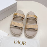 DIOR CLASSIC DOUBLE-STRAP SLIDES 25S IN BEIGE RAFFIA AND TAUPE BEIGE CALFSKIN
