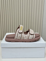 DIOR CLASSIC DOUBLE-STRAP SLIDES 25S IN ROSE BROWN TWEED AND CALFSKIN