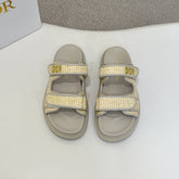 DIOR CLASSIC DOUBLE-STRAP SLIDES 25S IN BEIGE RAFFIA AND GREY CALFSKIN