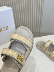 DIOR CLASSIC DOUBLE-STRAP SLIDES 25S IN BEIGE RAFFIA AND GREY CALFSKIN