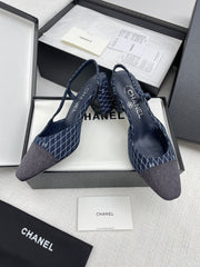 CC SLINGBACK 25S 65 MM IN NAVY BLUE DENIM WITH PLAID PATTERN