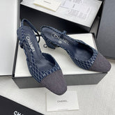 CC SLINGBACK 25S 65 MM IN NAVY BLUE DENIM WITH PLAID PATTERN