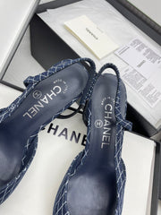 CC SLINGBACK 25S 65 MM IN NAVY BLUE DENIM WITH PLAID PATTERN