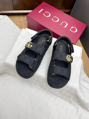 GG CLASSIC SANDALS 25S IN BLACK FABRIC WITH GOLD HARDWARE