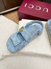 GG CLASSIC SANDALS 25S IN SKY BLUE FABRIC WITH GOLD HARDWARE