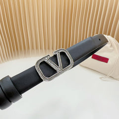 Vlogo Buckle Water Wave Silver Copper Glossy Black Leather 20mm Belt