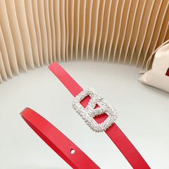 VL Belt 8mm Buckle Silver Diamond Leather Red